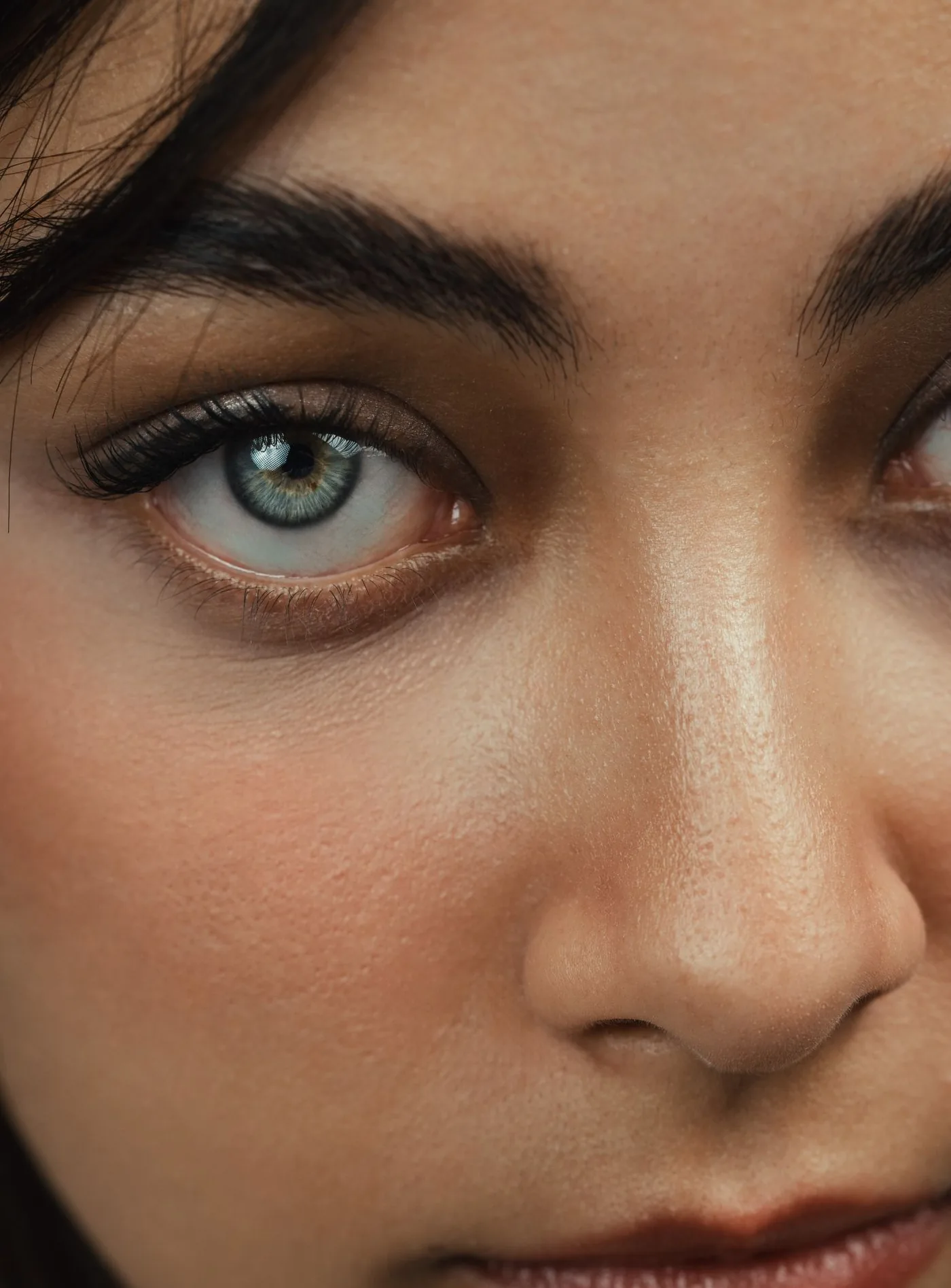 Ebenmäßiges Gesicht einer dunkelhaarigen Frau mit hellen Augen und klarem Blick, Modellaufnahme zur Skinbooster Behandlung in Düsseldorf
