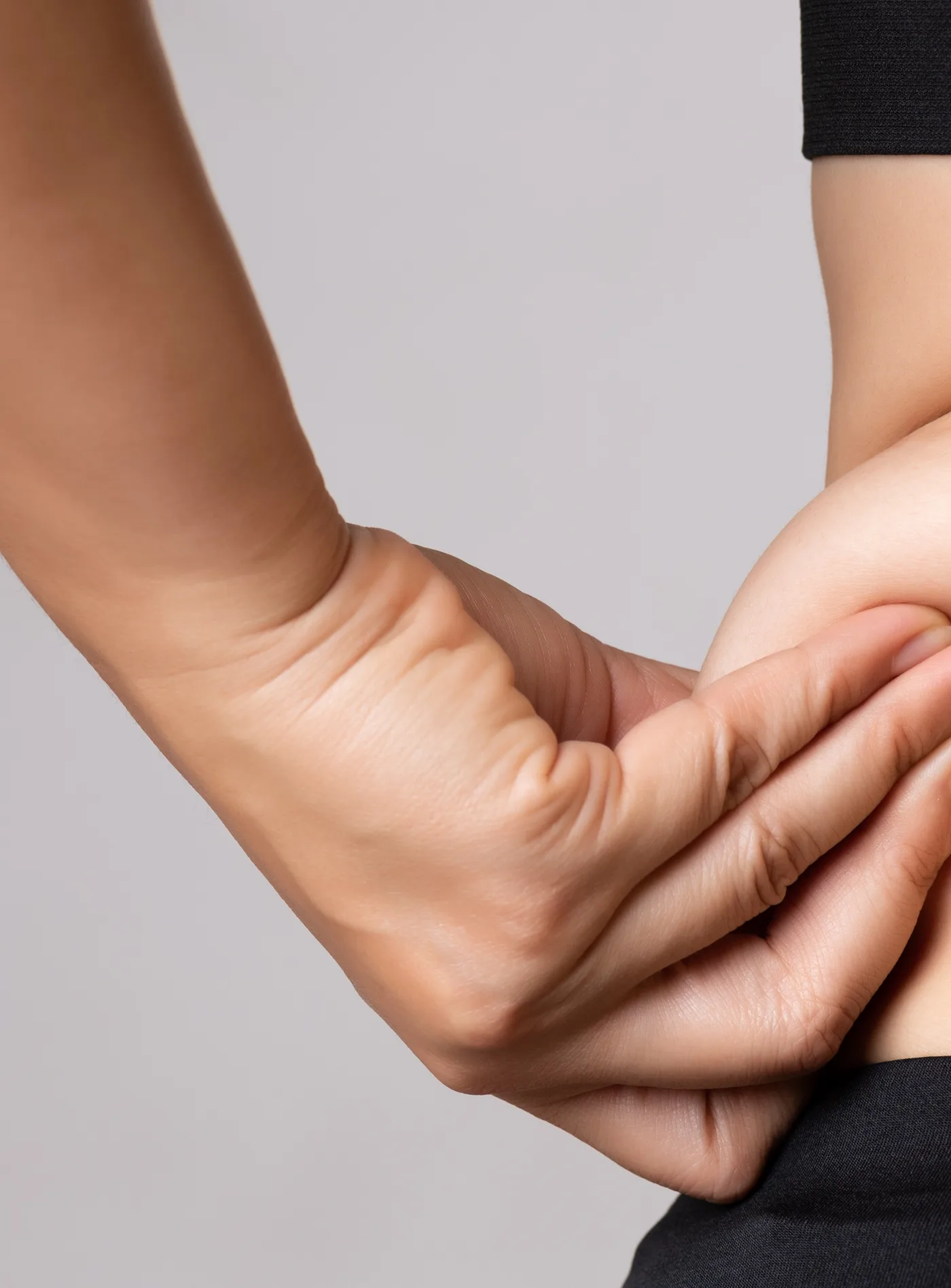 Frau greift ein kleines Fettpolster am Bauch, Ausgangsbefund für die Fett weg Spritze (Injektionslipolyse), Modellaufnahme, Düsseldorf