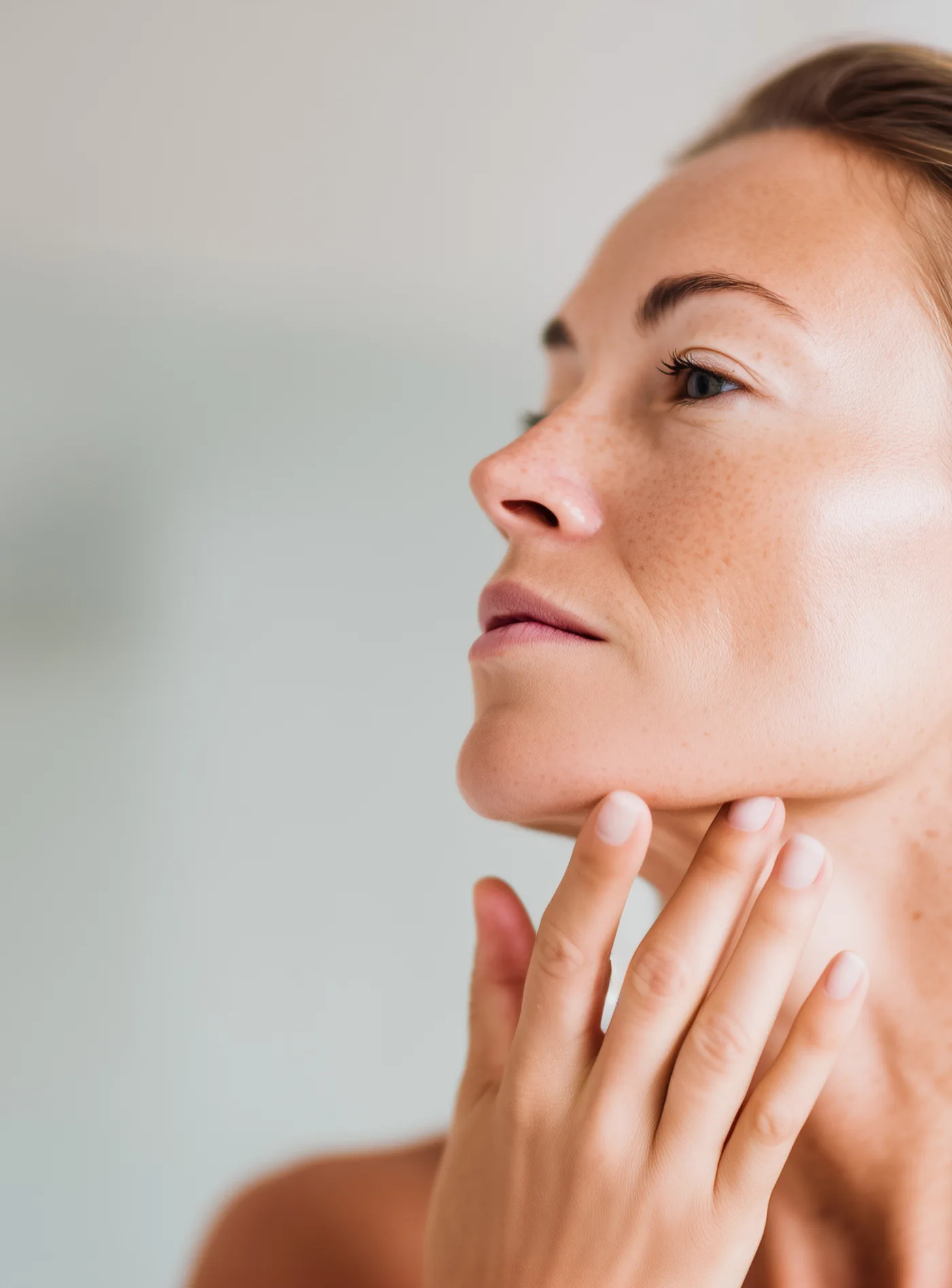 Profil einer Frau mit der Hand am Kinn, volle Wangen und klare Kontur, Modellaufnahme zum Lipofilling mit Eigenfett in Düsseldorf