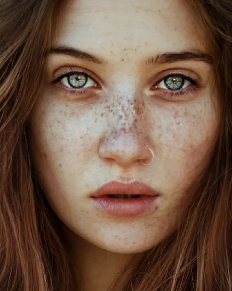 Gesicht einer jungen Frau mit Sommersprossen in der Vorderansicht, gesicht in der Vorderansicht mit den Zonen, in denen Dr. (univ. Te.) Fetai Radiesse setzt. Modellaufnahme.